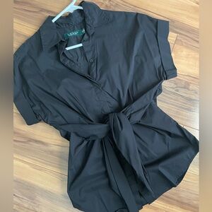 Lauren Ralph Lauren Black Short Sleeve Button-Up Shirt with Tie Waist cotton